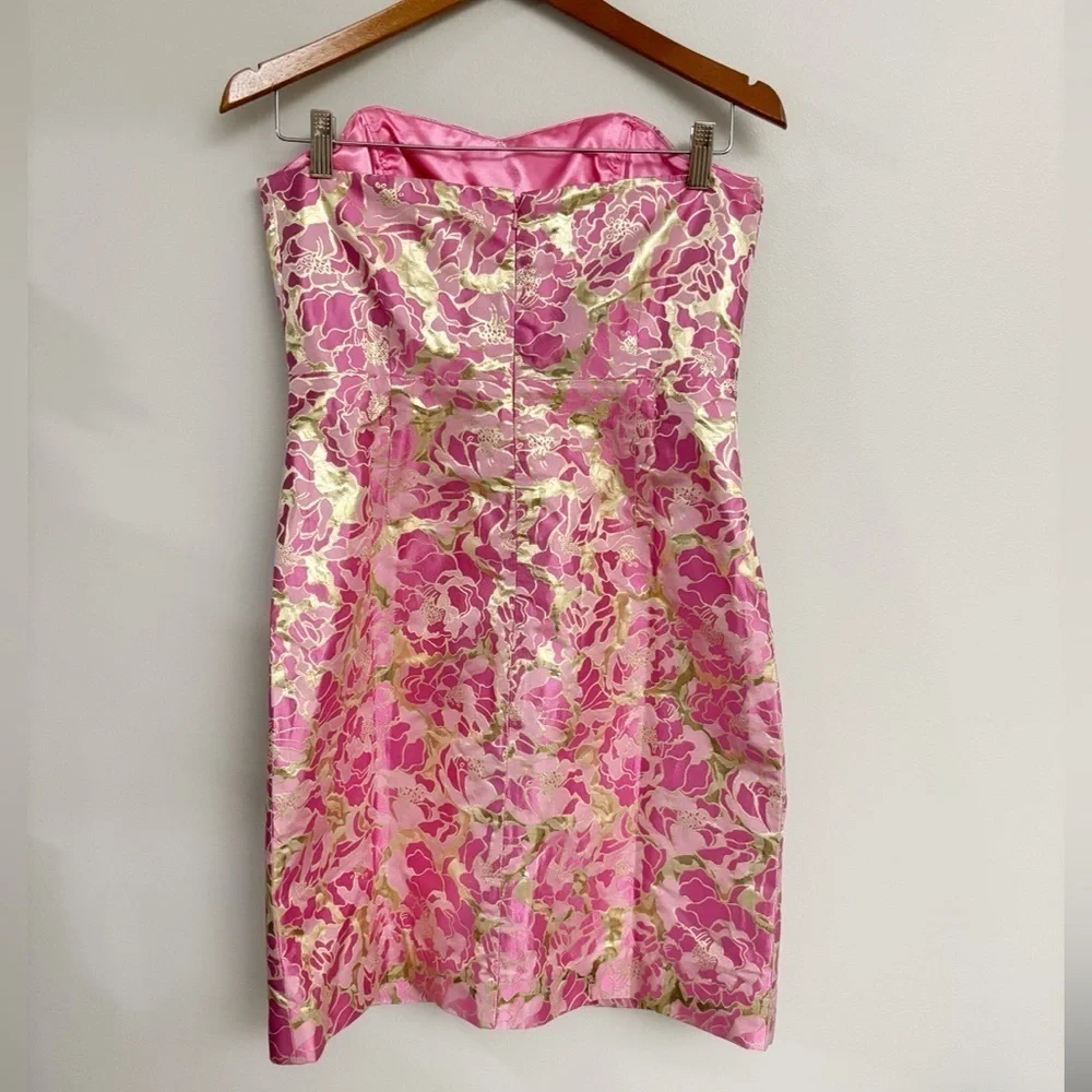 Lilly Pulitzer Silk Raya Dress Pink Gold Jacquard Mini Strapless Sweetheart Sz 8 - Picture 5 of 10